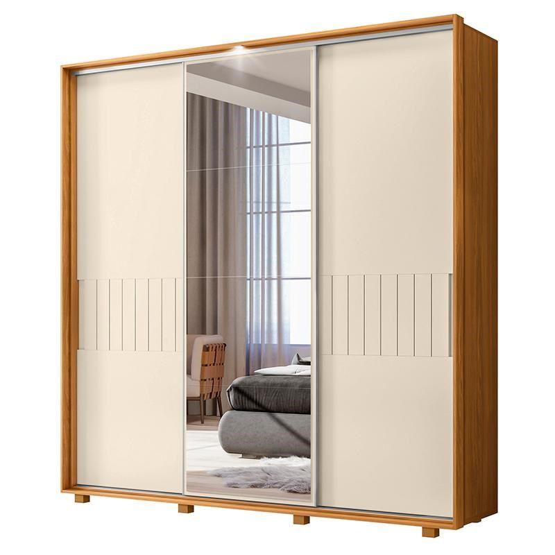 ☆Eタロ☆LURWA G3 Guarda Roupa Casal Luminare 3 Portas de Correr e Espelho Off White